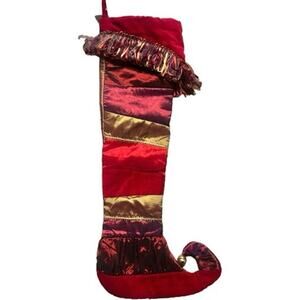GORGEOUS Cranberry & Gold Curly Toe Elf Jester Satin Velvet Christmas Stocking